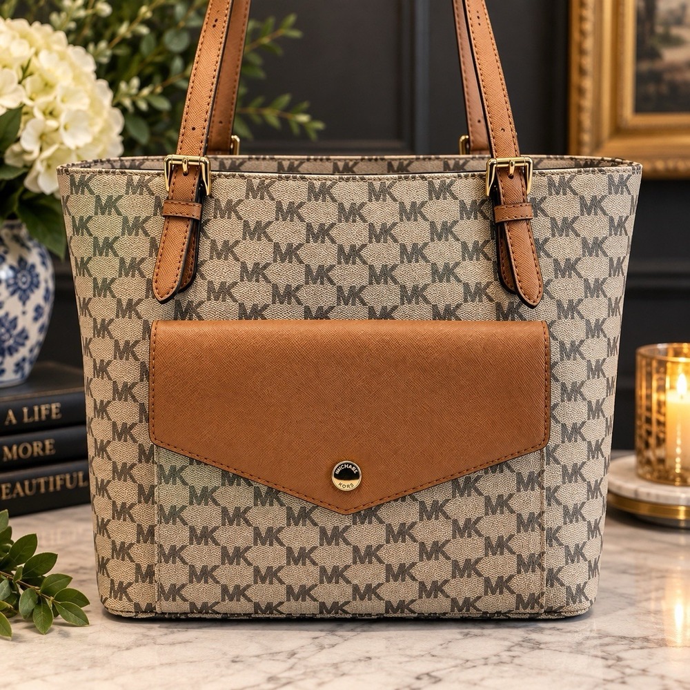 Michael Kors Jet Set Signature MK Logo Tote Bag Beige Brown Large Gold Hardware